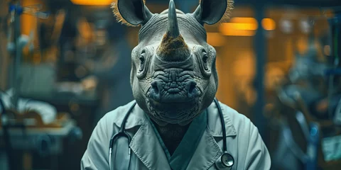 Zelfklevend Fotobehang Intrepid Rhino Doctor Ready for Surgery in High-Tech Operating Room Banner © Алинка Пад