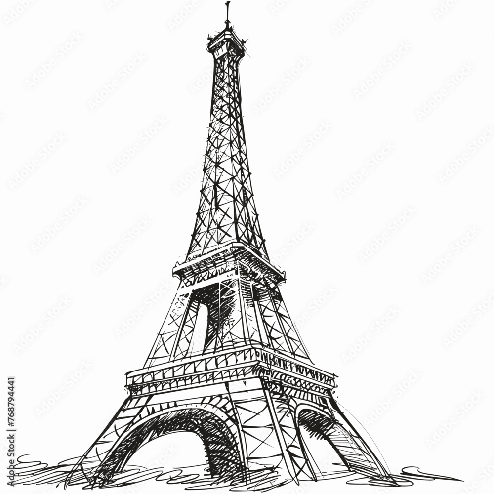 Sticker vector eiffel tower with black lines on a white background .Generative AI