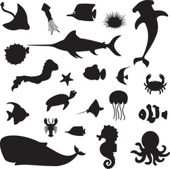 Vector illustration of underwater sea creatures silhouetted against a white backdrop