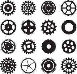 Vector illustration of a set of black cogs and gears silhouetted against a white background - obrazy, fototapety, plakaty