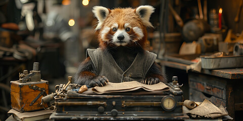 Whimsical Red Panda Author Crafting Tales in Vintage Workshop Banner