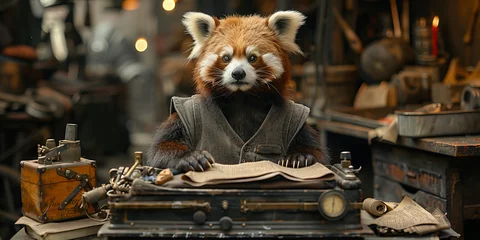  Whimsical Red Panda Author Crafting Tales in Vintage Workshop Banner © Алинка Пад