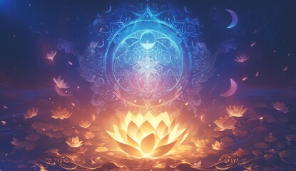 yin yang chakra, lotus flower with rainbow aura in the middle of sun and moon, sacred geometry background