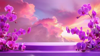 The blank platform is in purple Orchids with colorful sky background.