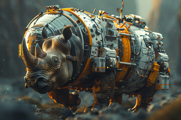 Futuristic Mechanical Rhinoceros in a Misty Wilderness: A Surreal Banner Adventure