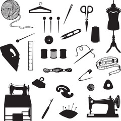 Vector illustration of sewing tools, sewing supplies silhouetted against white background - obrazy, fototapety, plakaty