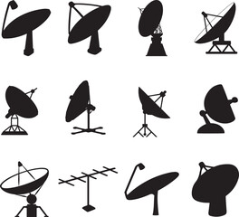 Vector illustration of satellite dishes in silhouettes on a white background - obrazy, fototapety, plakaty