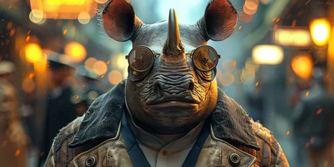  Fantastical Rhino Scholar in City Lights: An Intriguing Artistic Banner © Алинка Пад