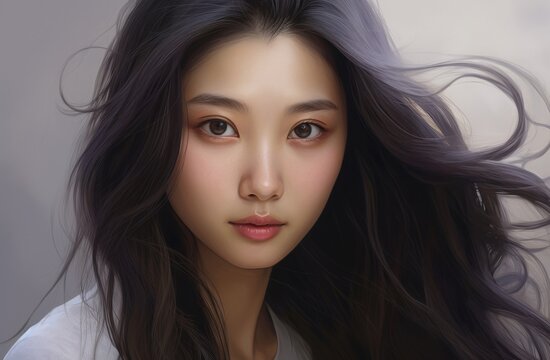 a close-up animated drawing of a young, beautiful Asian woman, her captivating features and allure captured in a headshot portrait.