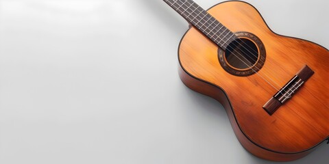 a classic acoustic guitar resting on a plain white background showcasing the instrument's elegant...