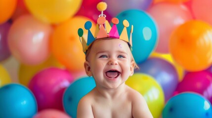 Fototapeta na wymiar Laughing baby celebrating with a vibrant handmade crown, surrounded by a kaleidoscope of colorful balloons, embodying joy and festivity.