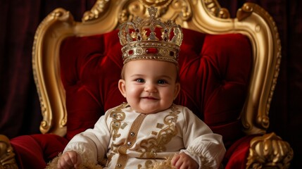 Adorable infant wearing a golden crown and royal outfit, seated on a luxurious red throne, exuding charm and happiness.