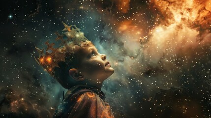 A young child with a celestial crown gazes upward, his expression reflecting wonder and imagination against a backdrop resembling a vibrant nebula.