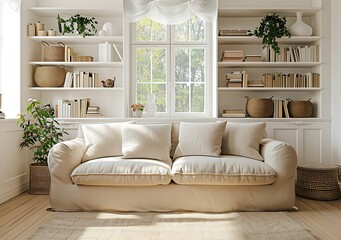 A bright and airy living room with white walls, light-coloured carpet on the floor, beige sofa covered in soft fabric, shelves filled with books and decorative items