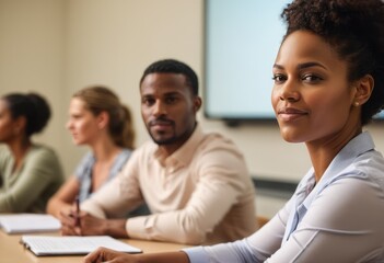 An attentive businesswoman participating in a training or meeting, with a focus on active listening and learning.