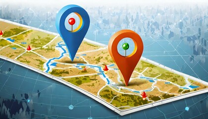 Fototapeta premium Two Pins on a Detailed Navigation Map