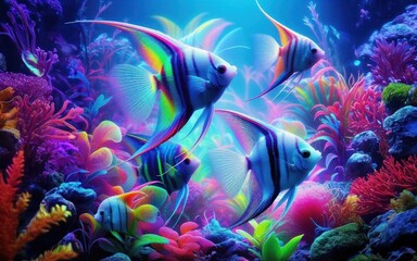 Fluorescent fish swim in a group. Illustration of an aquarium or underwater world