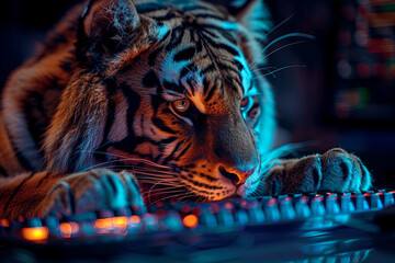 Majestic Tiger Engrossed in Neon Glow Technology Banner