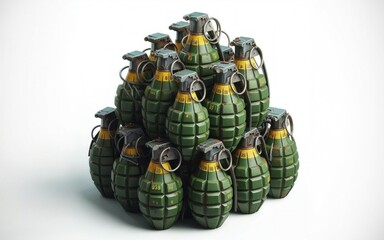 Hand-held fragmentation grenades are stacked in a row during military exercises - 768796614