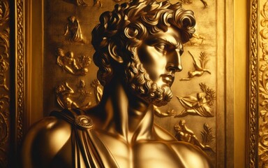 Golden statue. Head and shoulders detail of the ancient sculpture - 768796615