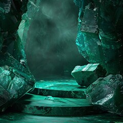 3d rendering podium with emerald cave concept. ai generative