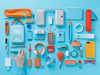 A colorful assortment of items, including a cell phone, a camera, and a watch, are arranged on a blue background. Concept of abundance and variety, showcasing the many different types of technology