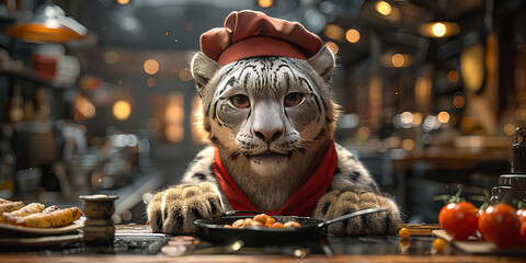 Whiskered Chef Masters Culinary Delights in Bustling Gourmet Kitchen Banner - obrazy, fototapety, plakaty