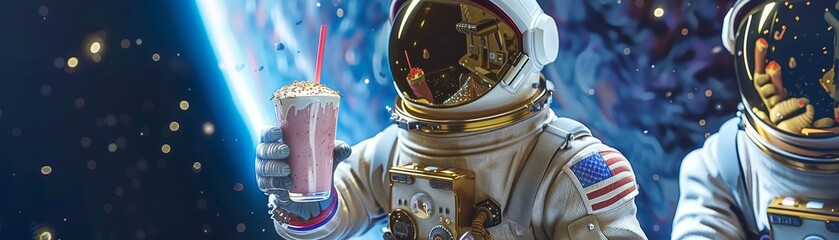 An interstellar diner floating in space, serving cosmic milkshakes to astronauts in classic space gear
