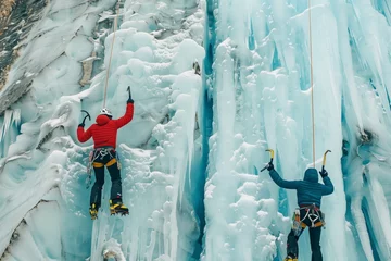  duo of climbers communicating on a vast ice wall © studioworkstock