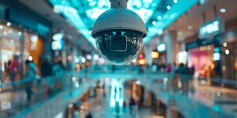 Security cameras in a shopping mall help prevent crime and ensure shopper safety. Concept Shopping Mall Security, Crime Prevention, Shopper Safety, Surveillance Cameras, Public Safety - obrazy, fototapety, plakaty