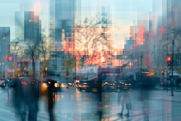Pixelated digital art superimposed on a blurry urban setting, reflecting the digital age in art - obrazy, fototapety, plakaty