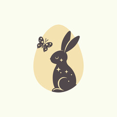Zajączek wielkanocny. Królik, motyl i jajko. Wielkanocna ilustracja w prostym stylu na kartki świąteczne, banery, życzenia i do innych projektów.