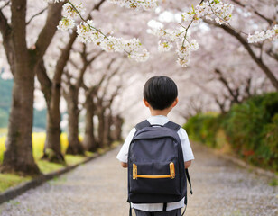 桜並木を歩く小学生の男の子