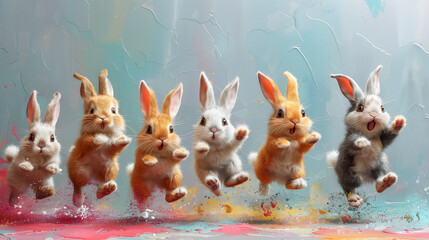 group of cartoon bunny while playing on pastel background.