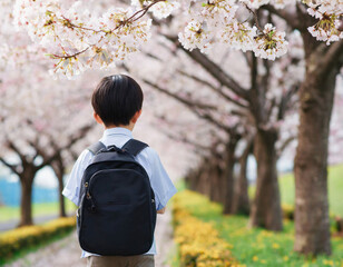 桜並木を歩く小学生の男の子 - obrazy, fototapety, plakaty