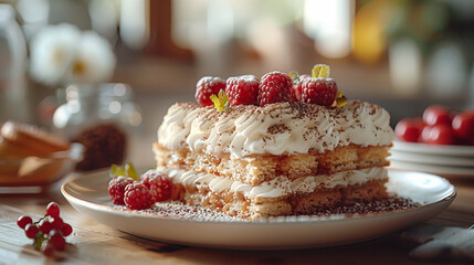 Delicious tiramisu cake with raspberries on wooden table