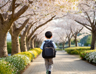 桜並木を歩く小学生の男の子 - obrazy, fototapety, plakaty