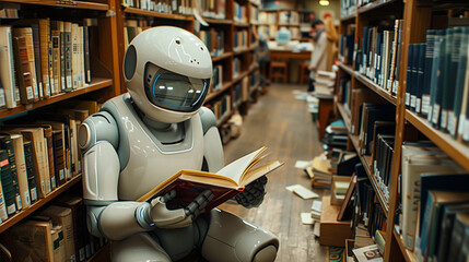 an AI robot reading books in the library, surrounded by bookshelves filled with various academic materials.