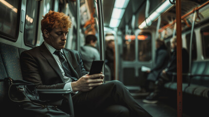 Redhair man using mobile phone while traveling with tram - Business person using public transportation for going to work - Models by AI generative - obrazy, fototapety, plakaty