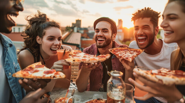 Group of friends eating pizza together at house rooftop - Multiracial people having fun together at sunset - Models by AI generative