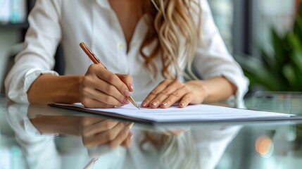 Busineswoman using pen signing, writting in office