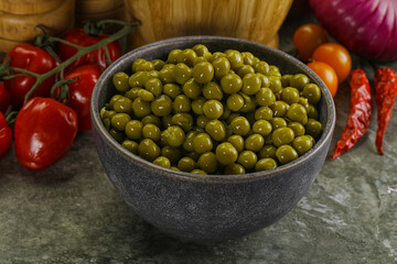 Sweet canned young green peas