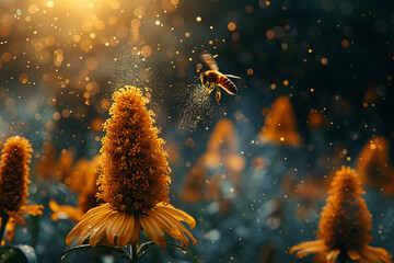 Dazzling Banner: Bee Pollinating Flower Amidst a Golden Sparkling Dewy Sunrise - obrazy, fototapety, plakaty