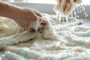 person squeezing out soapy water from a baby blanket - obrazy, fototapety, plakaty