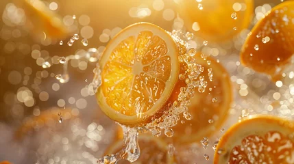 Foto op Plexiglas Fresh orange slices in water with splash, closeup. Citrus background © GaMe
