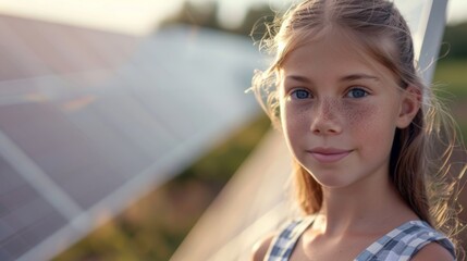 A young girl looks at the camera, with solar panels in the background. Solar energy generation concept, future for children. Copyspace.