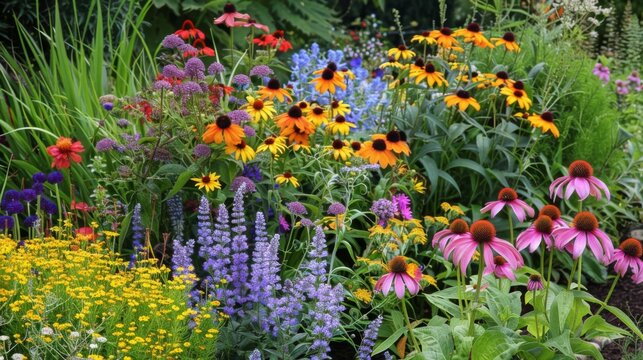 Diverse Garden Blooming With Various Flowers