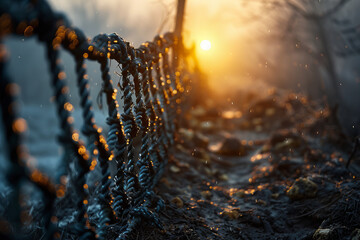 Golden Sunrise Dew on a Rustic Fence Nature Banner - obrazy, fototapety, plakaty