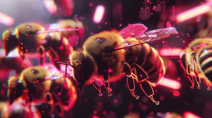 A swarm of honeybees glows with a warm aura, amidst abstract, crimson digital backdrops, conveying energy and dynamic movement in a virtual space.