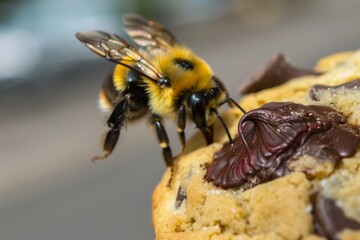 bee on top of a chocolate chip cookie